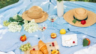Food Beside the Flowers and Straw Hats on a Picnic Blanket