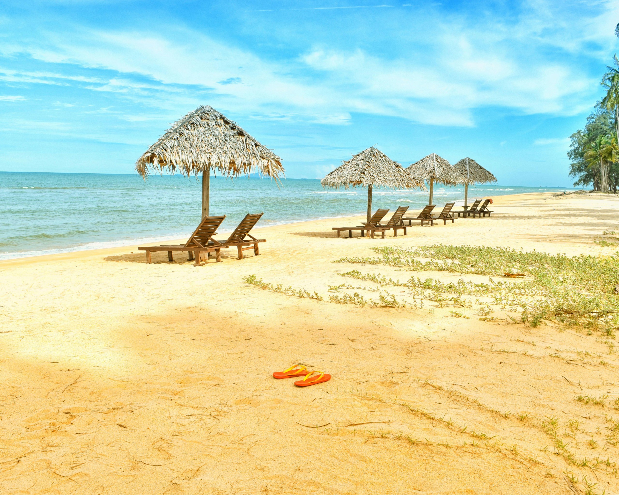 Loungers Under Parasol at Shoreline