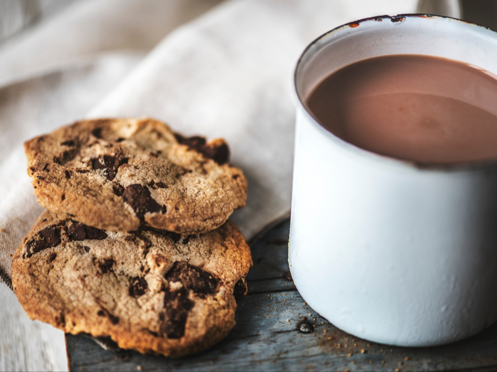 Chocolate Chip Cookies Near Chocolate Drink