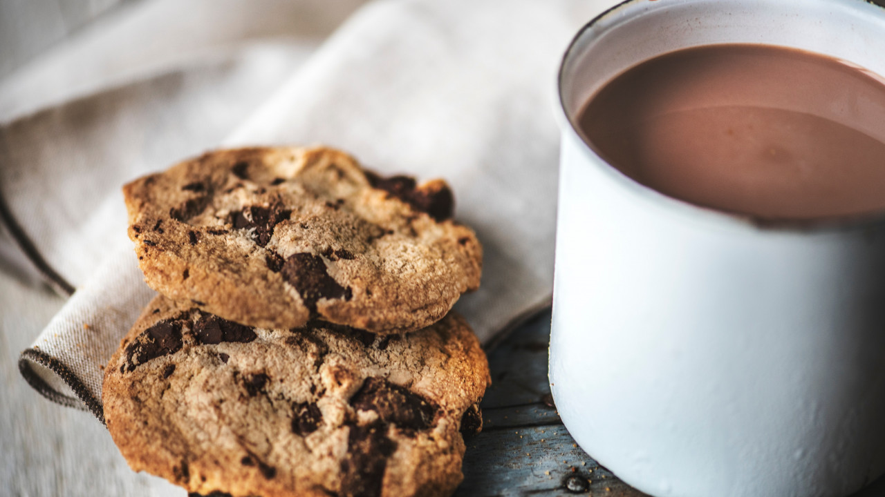 Chocolate Chip Cookies Near Chocolate Drink