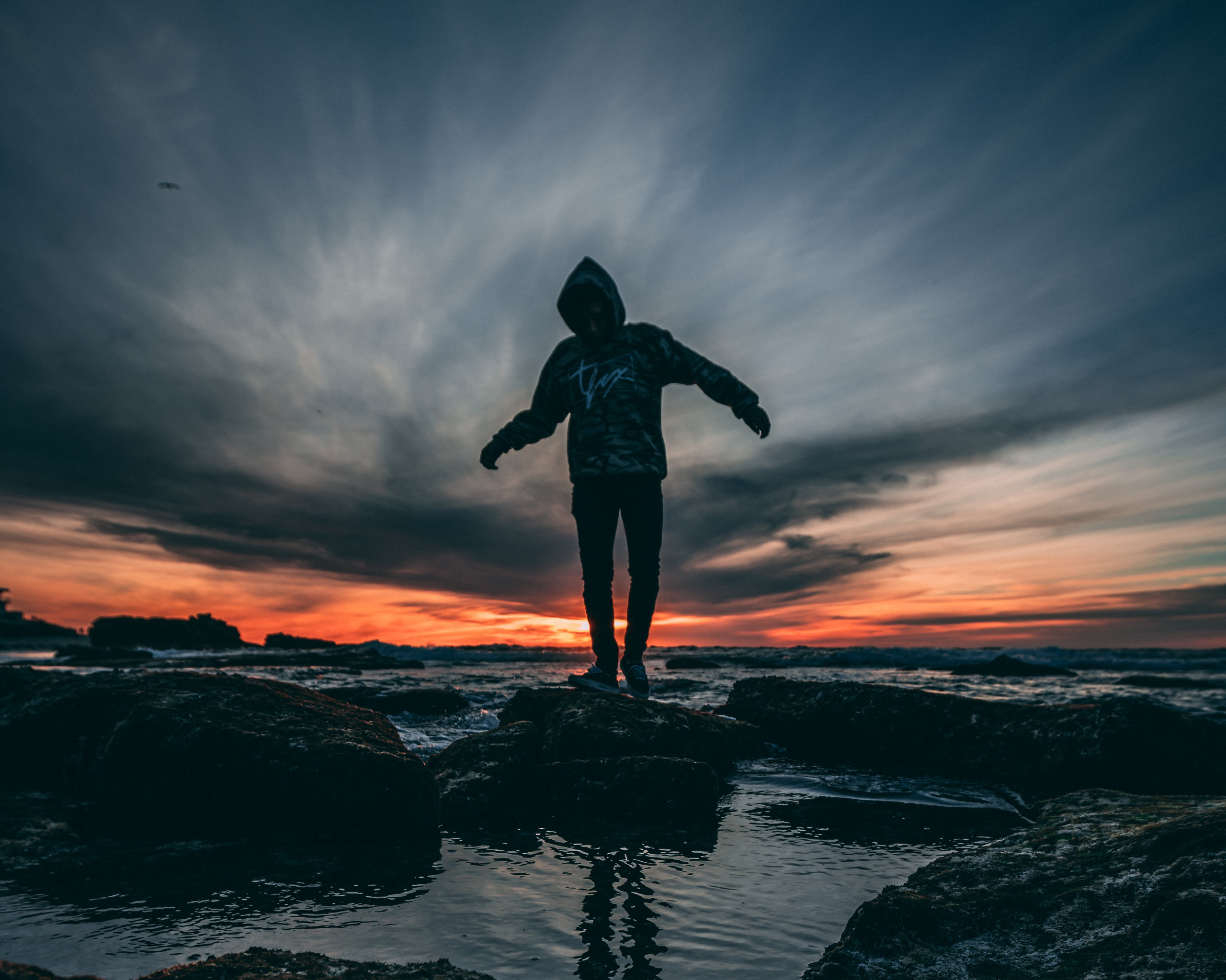 Person Wearing Hoodie Standing on Rock