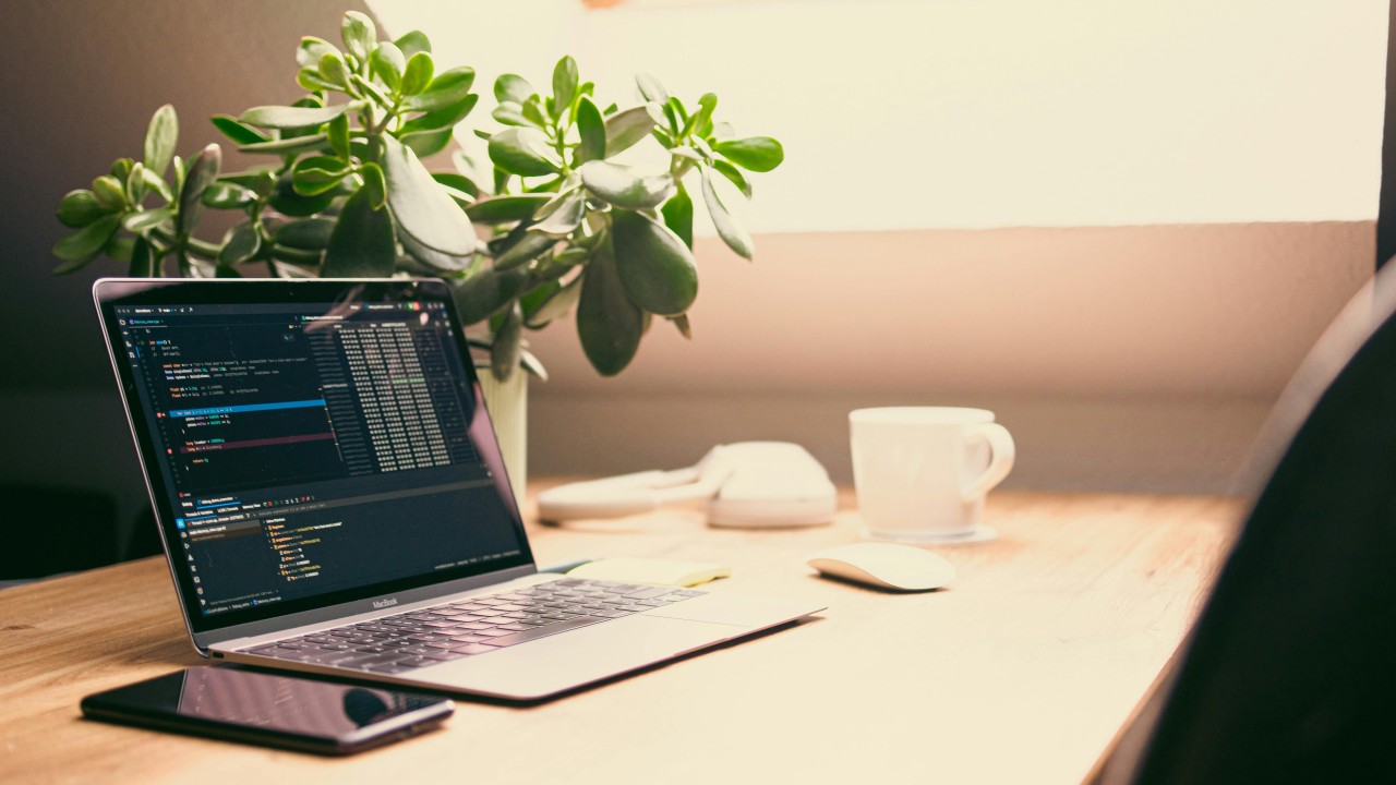 Home Office with Laptop and Green Plant
