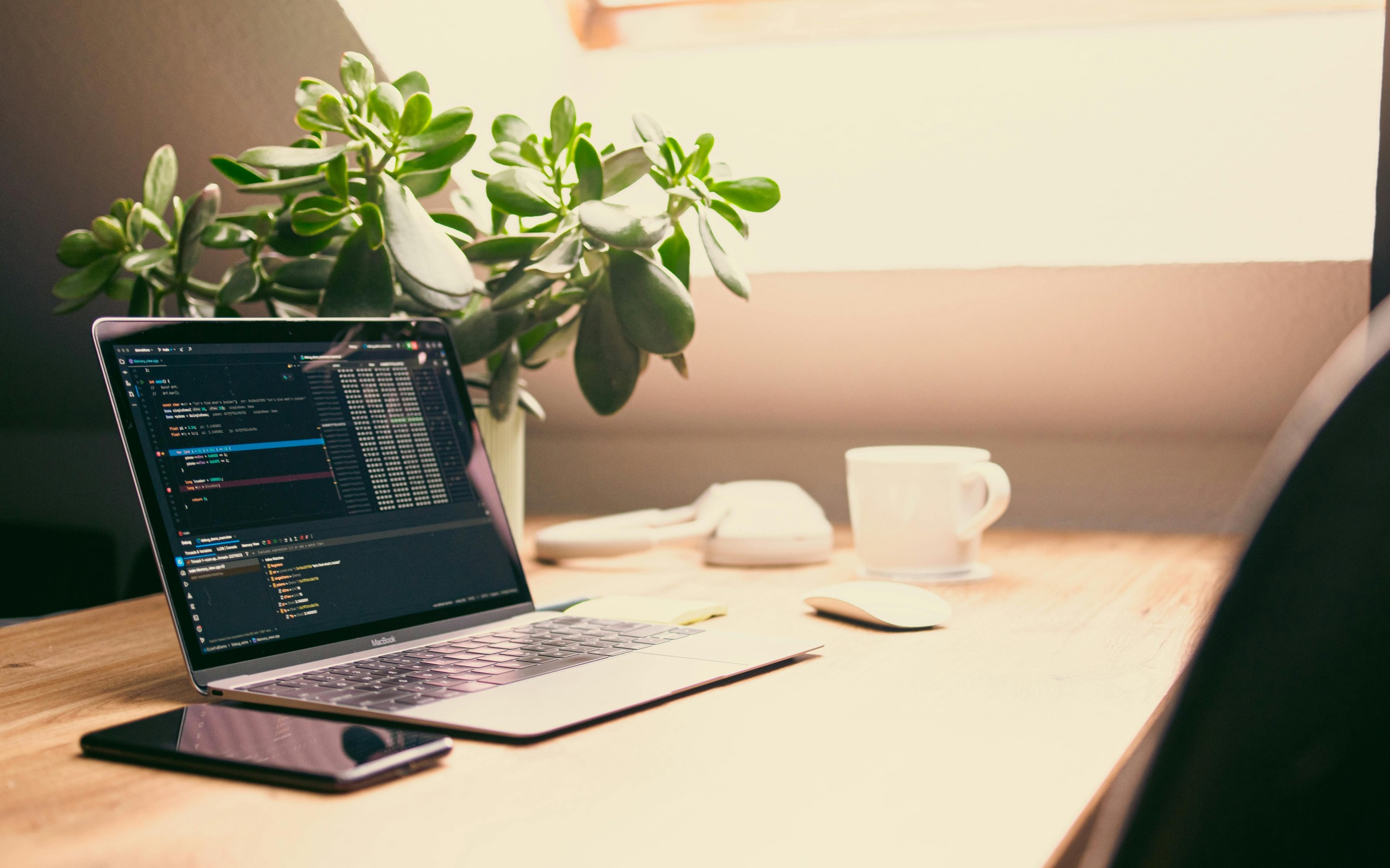Home Office with Laptop and Green Plant