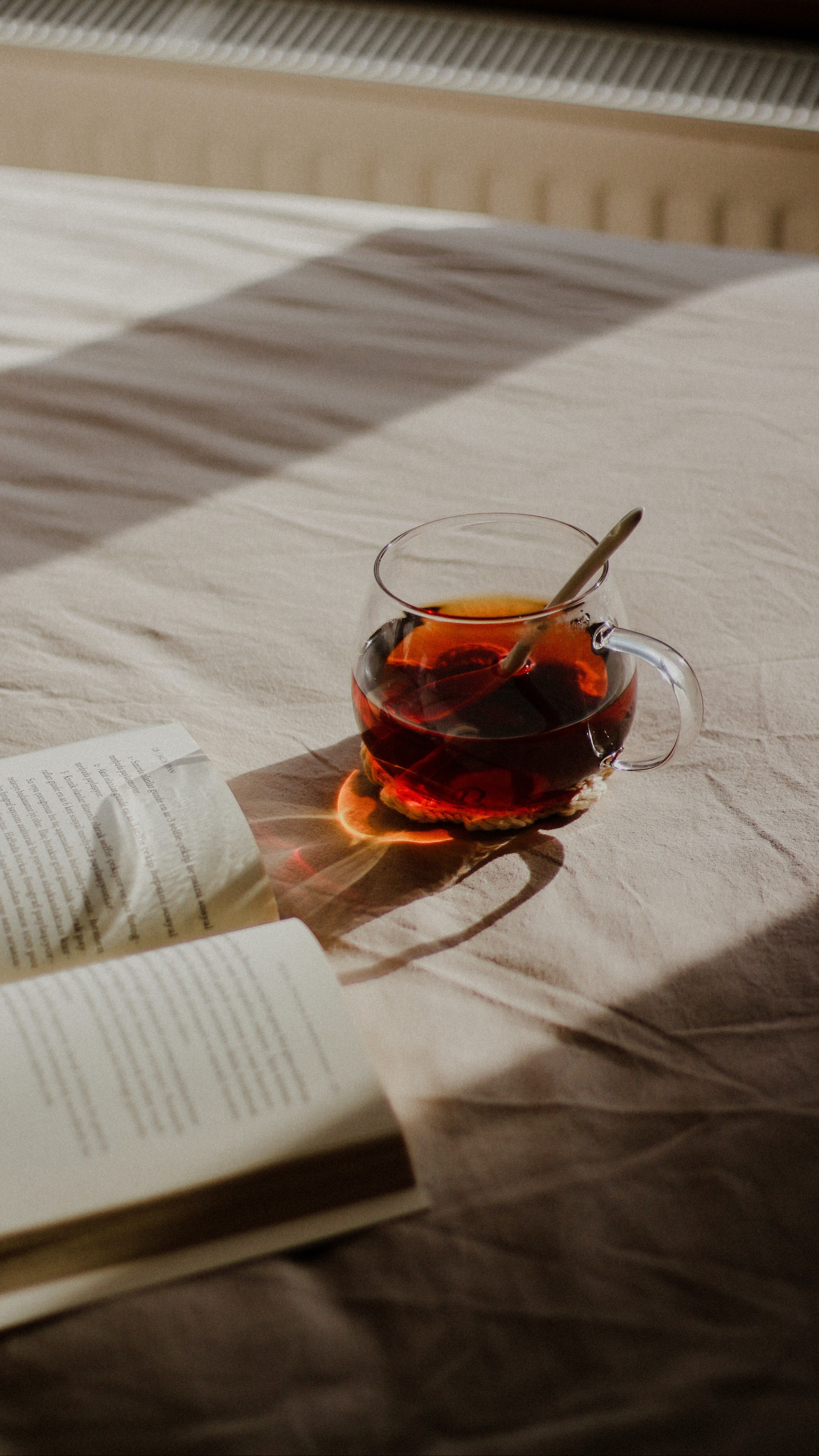 Book and Tea on Bed