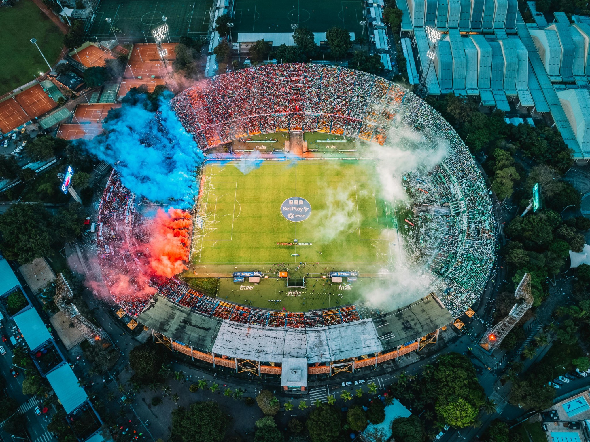 Stadium with Blue and Red Smoke