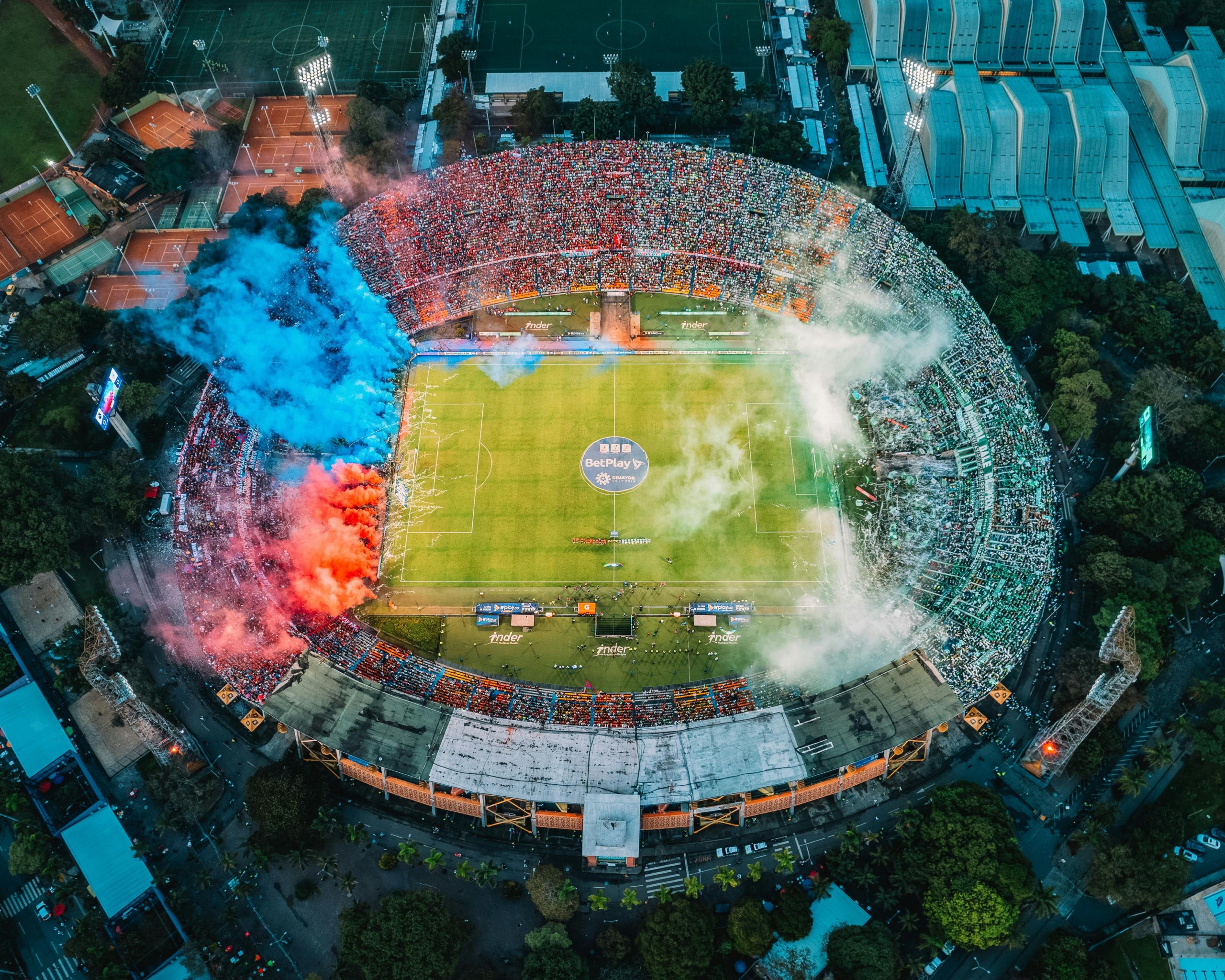 Stadium with Blue and Red Smoke