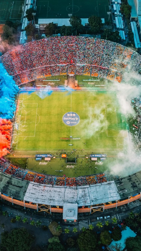 Stadium with Blue and Red Smoke