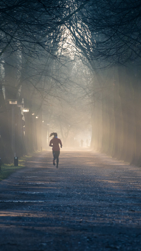 Running Near Street Between Tall Trees