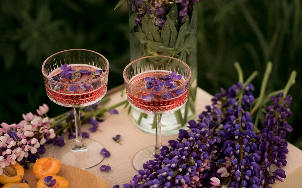 Purple Garden Lupin Flowers in Vase and Glasses of Drink