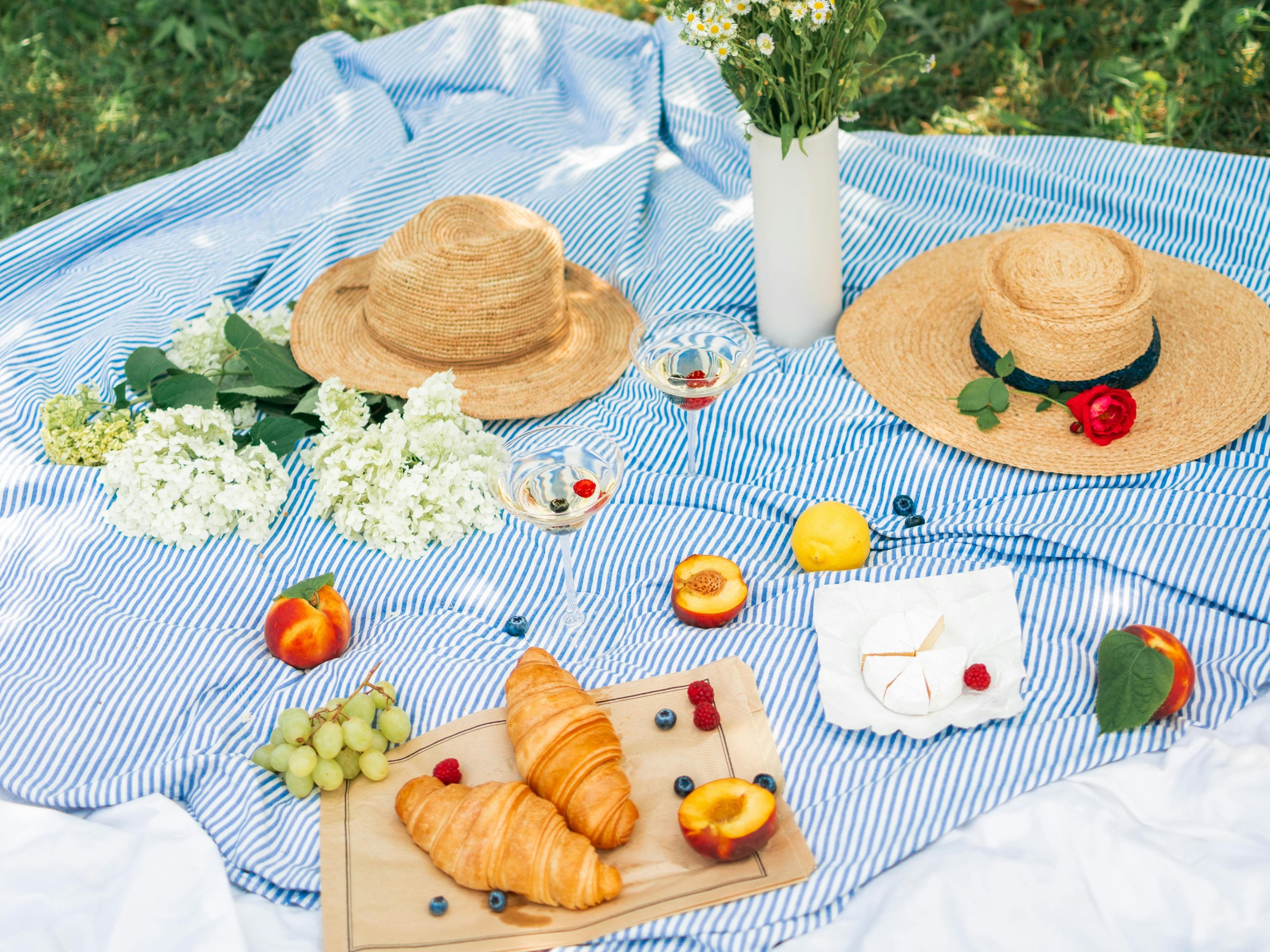 Food Beside the Flowers and Straw Hats on a Picnic Blanket